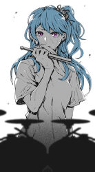 Rule 34 | 1girl, ayutarochan, bang dream!, blue hair, commentary, drumsticks, highres, holding, holding drumsticks, long hair, looking at viewer, matsubara kanon, one side up, partially colored, purple eyes, short sleeves, sidelocks, silhouette, simple background, solo, sweat, tiara, white background, wiping sweat