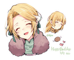 Rule 34 | 1girl, bad id, bad twitter id, blonde hair, closed mouth, closed eyes, fire emblem, fire emblem: three houses, food, happy birthday, ingrid brandl galatea, long hair, meat, multiple views, naho (pi988y), nintendo, open mouth, simple background, smile, twitter username, white background