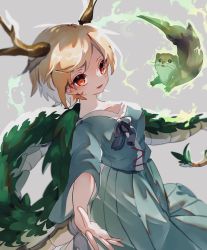 Rule 34 | 1girl, antlers, ayahi 4, blonde hair, blue bow, blue shirt, blue skirt, bow, breasts, dragon girl, dragon horns, dragon tail, eyelashes, fang, highres, horns, kicchou yachie, long sleeves, otter, otter spirit (touhou), red eyes, shirt, short hair, skirt, small breasts, tail, touhou, turtle shell