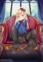 Rule 34 | 1girl, :o, black pantyhose, black skirt, blonde hair, blue eyes, blush, breasts, commentary request, fate/grand order, fate (series), female focus, flower, foot focus, full body, grey flower, hat, highres, long hair, long sleeves, looking at viewer, lord el-melloi ii case files, multicolored clothes, multicolored hat, no shoes, pantyhose, puririn, pussy, red hat, reines el-melloi archisorte, sitting, skirt, small breasts, soles, solo, watermark, web address, white hat, window
