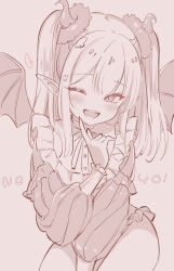 Rule 34 | 1girl, ;d, brown background, commentary, demon girl, demon horns, demon wings, frilled panties, frills, hand up, heart, highres, horns, jigatei (omijin), long hair, long sleeves, looking at viewer, monochrome, no pants, one eye closed, open mouth, panties, pointy ears, puffy long sleeves, puffy sleeves, rizu-kyun, romaji text, shirt, simple background, smile, solo, sono bisque doll wa koi wo suru, symbol-only commentary, two side up, underwear, wings