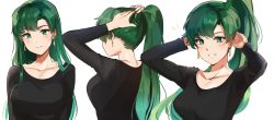 Rule 34 | 1girl, absurdres, arms up, black sweater, blush, closed mouth, earrings, english text, female focus, fire emblem, fire emblem: the blazing blade, fire emblem heroes, from behind, green eyes, green hair, grin, high ponytail, highres, jewelry, long hair, looking at viewer, lyn (fire emblem), matching hair/eyes, nintendo, ormille, ponytail, smile, sweater, tying hair
