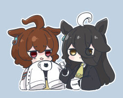 Rule 34 | 2girls, :&lt;, agnes tachyon (umamusume), ahoge, animal ears, black gloves, black hair, black jacket, black sweater, blush stickers, brown eyes, brown hair, closed mouth, collared shirt, commentary, cropped torso, cup, eyes visible through hair, gloves, hair between eyes, highres, holding, holding cup, horse ears, jacket, lab coat, manhattan cafe (umamusume), multiple girls, nozo (hitomiz), open clothes, open jacket, outline, parted lips, red eyes, shirt, sleeves past fingers, sleeves past wrists, smile, sugar cube, sweater, tongs, tongue, tongue out, triangle mouth, umamusume, upper body, white hair, white outline, white shirt