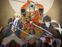 Rule 34 | 3boys, aqua hair, armor, black hair, blonde hair, blue eyes, brothers, green eyes, headband, headdress, highres, holding, holding sword, holding weapon, horikawa kunihiro, japanese armor, japanese clothes, jigoku meguri, katana, male focus, multiple boys, necktie, samurai, scarf, shoulder armor, siblings, sode, sword, touken ranbu, weapon, yamabushi kunihiro, yamanbagiri kunihiro