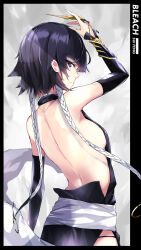 Rule 34 | 1girl, back, backless outfit, black hair, black kimono, black outline, bleach, blunt bangs, braid, breasts, brown eyes, detached sleeves, english text, hair ornament, hair tubes, highres, japanese clothes, kie (yospcd), kimono, looking back, obi, outline, sash, sideboob, sideless outfit, small breasts, solo, sui-feng, suzumebachi (shikai), white sash