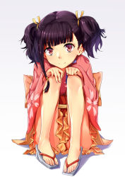 Rule 34 | 10s, 1girl, black hair, feet, floral print, hair ribbon, hands on another&#039;s face, highres, japanese clothes, kimono, koutetsujou no kabaneri, long sleeves, loobely, looking at viewer, mumei (kabaneri), obi, red eyes, ribbon, sash, short hair, short kimono, sitting, smile, solo, toes, twintails