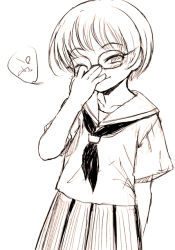 Rule 34 | 1girl, glasses, monochrome, sasahara yuuki, school uniform, serafuku, solo, translation request