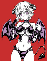 Rule 34 | 1girl, blush, bondage outfit, breasts, collar, cuffs, demon girl, demon horns, demon tail, demon wings, fish.boy, highres, horns, latex, leather, looking at viewer, medium breasts, navel, original, partially colored, purple eyes, short hair, solo, tail, underboob, wings