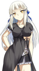 Rule 34 | 1girl, black dress, blue ribbon, blush, breasts, breasts apart, cleavage, collarbone, covered erect nipples, dress, fate/grand order, fate (series), hair ribbon, hand on own hip, headband, long hair, medium breasts, penthesilea (fate), penthesilea (formal dress) (fate), ribbon, shiseki hirame, short sleeves, silver hair, simple background, smile, solo, very long hair, white background, yellow eyes