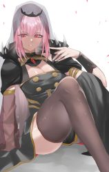 Rule 34 | absurdres, black dress, blu (1712), bracer, breasts, cleavage, cleavage cutout, clothing cutout, commentary, detached sleeves, dress, english commentary, highres, hololive, hololive english, long hair, looking at viewer, mori calliope, open hand, parted lips, pink eyes, see-through, see-through sleeves, single detached sleeve, single sleeve, sitting, solo, thighhighs, tiara, veil, virtual youtuber, white background