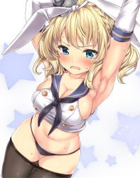 Rule 34 | 1girl, armpits, arms up, bad id, bad twitter id, black neckerchief, black panties, black pantyhose, blonde hair, blue eyes, blush, braid, breasts, capelet, cleavage, clothes pull, colorado (kancolle), cosplay, cowboy shot, crop top, crying, crying with eyes open, elbow gloves, french braid, gloves, hair ribbon, hairband, highres, kantai collection, large breasts, looking at viewer, medium breasts, navel, neckerchief, necktie, nijimoto hirok, open mouth, panties, pantyhose, pantyhose pull, ribbon, sailor collar, school uniform, serafuku, shimakaze (kancolle), shimakaze (kancolle) (cosplay), short hair, sideboob, sidelocks, skindentation, solo, star (symbol), sweat, tears, underwear, white gloves, white ribbon