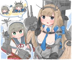 Rule 34 | 2girls, black gloves, blonde hair, blue necktie, blue ribbon, blue sailor collar, braid, breasts, capelet, commentary request, detached sleeves, dress, french braid, gloves, green eyes, grey dress, grey eyes, grey hair, hair ribbon, hat, headgear, highres, hip vent, imagining, kantai collection, large breasts, long hair, low twintails, machinery, maryland (kancolle), mikura (kancolle), multiple girls, necktie, pleated skirt, puffy short sleeves, puffy sleeves, red skirt, ribbon, sailor collar, sailor hat, sailor shirt, shirt, short sleeves, skirt, twintails, wateru, white gloves, white headwear, white shirt