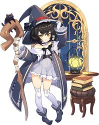 Rule 34 | 1girl, ash arms, black hair, chair, collarbone, full body, gloves, hat, jacket, lantern, navel, official art, ribbon, short hair, smile, solo, staff, thighhighs, transparent background, white gloves, witch hat, yellow eyes
