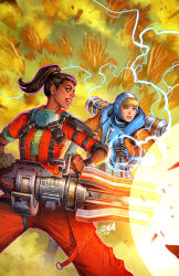 Rule 34 | 2girls, apex legends, apex legends: overtime, blonde hair, blue bodysuit, blue eyes, blue gloves, bodysuit, brown eyes, comic cover, commentary, cover image, dark-skinned female, dark skin, david nakayama, earrings, electricity, english commentary, facial mark, facial scar, firing, forehead mark, gloves, green shirt, grey gloves, gun, hair behind ear, highres, holding, holding gun, holding weapon, hood, hood up, hooded bodysuit, jacket, jewelry, jumpsuit, multiple girls, official art, orange jacket, orange jumpsuit, parted lips, ponytail, prowler (titanfall), rampart (apex legends), scar, scar on cheek, scar on face, shirt, single glove, tongue, tongue out, wattson (apex legends), weapon