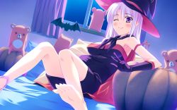 Rule 34 | 1girl, bad id, bad pixiv id, barefoot, bat (animal), bed, blush, breasts, cape, curtains, dress, dutch angle, feet, gloves, halloween, hat, highres, hinata nao, indoors, leaning back, long hair, long toenails, night, on bed, one eye closed, original, pumpkin, purple eyes, purple hair, sitting, smile, soles, solo, stuffed animal, stuffed toy, teddy bear, toenails, toes, w, window, wink, witch, witch hat, x x