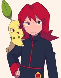 Rule 34 | 1boy, annoyed, black jacket, chikorita, commentary request, creatures (company), game freak, gen 2 pokemon, hand on own hip, highres, jacket, long hair, long sleeves, looking to the side, male focus, nintendo, on shoulder, parted lips, pokemon, pokemon (creature), pokemon gsc, pokemon on shoulder, purple eyes, red hair, silver (pokemon), tyako 089, upper body