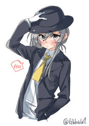 Rule 34 | 1girl, alternate costume, arm up, black hat, blush, closed mouth, collared shirt, ebifurya, fedora, gloves, grey hair, hair between eyes, hand in pocket, hand on headwear, hat, highres, kantai collection, long sleeves, looking at viewer, neckerchief, nowaki (kancolle), shirt, sidelocks, simple background, solo, spoken blush, sweat, twitter username, upper body, white background, white gloves, white shirt, yellow neckerchief