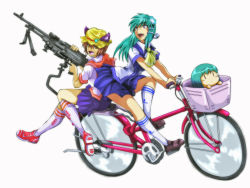 Rule 34 | 2girls, :d, :o, adidas, animal ears, artistic error, bad id, bad pixiv id, basket, bicycle, blue skirt, brown eyes, brown hair, cat ears, cat girl, cat tail, chen, chibi, dual persona, fang, female focus, frog, frog hair ornament, green eyes, gun, hair ornament, hat, highres, junkei, kneehighs, kochiya sanae, long hair, looking away, looking back, machine gun, mob cap, multiple girls, multiple riders, multiple tails, neckerchief, nike (company), open mouth, pleated skirt, product placement, purple skirt, riding, school uniform, serafuku, shoes, short hair, sidelocks, simple background, sitting, skirt, smile, snake, socks, tail, touhou, weapon, white background, wing collar, yellow eyes