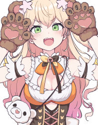 Rule 34 | 1girl, absurdres, animal bag, animal ears, animal hands, arm garter, bag, bear ears, blonde hair, blush, bow, breasts, cleavage, cleavage cutout, clothing cutout, commentary, corset, dress, eternaltanbo, fake animal ears, fang, framed breasts, frilled dress, frills, gloves, gradient hair, green eyes, handbag, highres, hololive, long hair, looking at viewer, medium breasts, momosuzu nene, momosuzu nene (1st costume), multicolored bow, multicolored hair, open mouth, orange dress, paw gloves, paw pose, pink hair, simple background, smile, solo, teeth, two-tone hair, two side up, upper body, upper teeth only, v-shaped eyebrows, virtual youtuber, white background