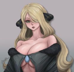 Rule 34 | 1girl, artist name, bare shoulders, black coat, blonde hair, breasts, cleavage, coat, collarbone, creatures (company), cynthia (pokemon), dismaiden, eyelashes, fur collar, game freak, grey background, hair ornament, hair over one eye, highres, large breasts, lips, long hair, looking at viewer, naked coat, nintendo, nose, nostrils, off shoulder, open clothes, open coat, pokemon, pokemon dppt, silhouette, simple background, solo, upper body, yellow eyes
