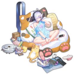 Rule 34 | 1girl, ahoge, artist request, barefoot, blue shirt, book, box, bracelet, cellphone, chips (food), collar, collarbone, crossed legs, digital media player, feet, food, game cg, game console, hair ornament, hair over one eye, headphones, heart, highres, ipod, jewelry, looking at viewer, mahjong, mahjong soul, mahjong tile, nintendo switch, official art, oversized clothes, oversized shirt, pentagram, phone, pillow, pocky, potato chips, pringles can, purple eyes, receipt, robotic vacuum cleaner, shirt, simple background, sitting, slippers, unworn slippers, smartphone, solo, stuffed animal, stuffed toy, suzumiya anju, third-party source, transparent background, white hair, yostar, zipper, zipper pull tab