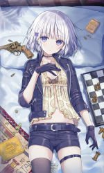 Rule 34 | 1girl, belt, belt buckle, black belt, black gloves, black jacket, black shorts, blue eyes, blush, breasts, brown camisole, brown thighhighs, buckle, bullet, camisole, chess piece, chessboard, closed mouth, coin, commentary request, gloves, gun, hair ornament, hand up, handgun, highres, jacket, lying, navel, on back, open clothes, open jacket, original, revolver, short hair, short shorts, shorts, silver hair, single thighhigh, skindentation, small breasts, solo, thighhighs, wavy mouth, weapon, yuuki rika