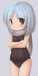 Rule 34 | 1girl, absurdres, blue hair, crossed arms, highres, qkracho (thesdroz), red eyes, scarf, swimsuit