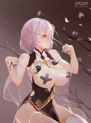 Rule 34 | 1girl, artist name, azur lane, bandaid, bandaids on nipples, between breasts, branch, breast curtains, breasts, breasts out, cape, cleavage, closed mouth, dm (dai miao), garter straps, gradient background, grey background, hair ornament, highres, holding, looking afar, looking away, pasties, pelvic curtain, petals, red eyes, ribbon, see-through, short hair, silver hair, sirius (azur lane), sirius (azure horizons) (azur lane), sitting, solo, thighhighs, watermark, web address, white cape, white thighhighs, yellow ribbon