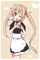 Rule 34 | 1girl, ;d, alternate costume, apron, blush, brown eyes, cowboy shot, enmaided, heart, heart hands, kantai collection, light brown hair, long hair, looking at viewer, maid, maid apron, murasame (kancolle), one eye closed, open mouth, smile, solo, twintails, yoru nai