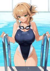 1girl aegis_(takunomi) bare_shoulders blonde_hair blue_one-piece_swimsuit blush breasts cleavage collarbone competition_school_swimsuit competition_swimsuit covered_navel elf enjo_kouhai folded_ponytail goggles goggles_around_neck green_eyes highleg highleg_one-piece_swimsuit highres large_breasts long_hair long_pointy_ears looking_at_viewer one-piece_swimsuit original parted_lips partially_submerged pointy_ears pool pool_ladder school_swimsuit solo standing swimsuit takunomi water wet wet_clothes wet_swimsuit