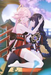 Rule 34 | 2girls, absurdres, bare arms, black legwear, blurry, blurry background, braid, breasts, commentary request, crying, day, eye contact, from side, genshin impact, hair ornament, hand on another&#039;s ass, hand on another&#039;s chin, hand on another&#039;s head, heiyizhushenxia, highres, japanese clothes, kimono, large breasts, long hair, looking at another, low-braided long hair, low-tied long hair, multicolored hair, multiple girls, no shoes, obi, outdoors, pantyhose, pink hair, purple eyes, purple hair, purple kimono, raiden shogun, red skirt, sash, shirt, sitting, sitting on person, skirt, streaked hair, thighhighs, thighs, very long hair, white legwear, white shirt, yae miko, yuri