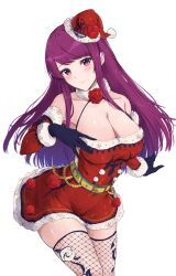 Rule 34 | 1girl, alternate costume, bare shoulders, belt, black gloves, blush, box, breasts, christmas, cleavage, commentary request, commission, cowboy shot, detached sleeves, dress, female focus, fire emblem, fire emblem engage, fishnet thighhighs, fishnets, fur-trimmed dress, fur trim, gift, gift box, gloves, halterneck, hat, head tilt, highres, ivy (fire emblem), large breasts, long hair, matching hair/eyes, mole, mole under mouth, nintendo, purple eyes, purple hair, red dress, red hat, santa costume, santa hat, short dress, skeb commission, skindentation, sleeveless, sleeveless dress, solo, standing, thighhighs, thighs, very long hair, yellow belt, yuuri (orz commushows)