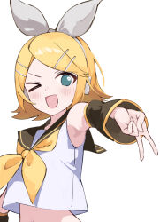 Rule 34 | &gt; o, 1girl, :d, armpits, blonde hair, blue eyes, detached sleeves, highres, kagamine rin, one eye closed, open mouth, rakugaki ningen, sailor collar, sleeveless, smile, solo, v, vocaloid, white background