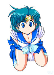 Rule 34 | 1990s (style), 1girl, bishoujo senshi sailor moon, blue eyes, blue footwear, blue hair, blue sailor collar, blue skirt, boots, bow, breasts, cleavage, earrings, elbow gloves, gloves, jewelry, knee boots, kneeling, large breasts, magical girl, matching hair/eyes, mizuno ami, pirochi, sailor collar, sailor mercury, short hair, sitting, skirt, solo, tiara, wariza, white gloves