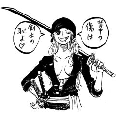 Rule 34 | 1girl, bandana, breasts, cleavage, cosplay, eyelashes, happy, japanese clothes, katana, long hair, looking at viewer, medium breasts, monochrome, nami (one piece), nishiponi, one eye closed, one piece, roronoa zoro, roronoa zoro (cosplay), simple background, sketch, smile, solo, speech bubble, standing, sword, translation request, weapon, white background