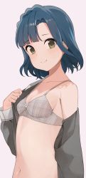 Rule 34 | 1girl, blue hair, bow, bow bra, bra, breasts, cleavage, closed mouth, commentary request, copyright request, green eyes, grey bra, highres, hiroki (yyqw7151), looking at viewer, navel, plaid, plaid bra, short hair, small breasts, smile, solo, underwear
