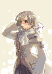 Rule 34 | 00s, 1girl, arm up, beige background, black gloves, blue eyes, brown hair, buttons, cowboy shot, emblem, final fantasy, final fantasy xi, gloves, hume, long sleeves, robe, scholar (final fantasy), short hair, simple background, solo, yellow background