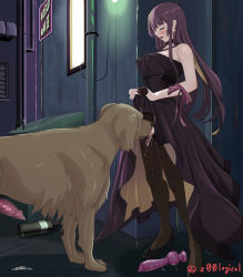 Rule 34 | 1girl, alley, animal penis, bestiality, black choker, black dress, black footwear, black pantyhose, blush, censored, choker, closed eyes, clothes lift, commission, crotchless, crotchless pantyhose, cum, cum pool, cunnilingus, dog, dog penis, dress, dress lift, earrings, erection, girls&#039; frontline, high heels, highres, jewelry, licking, long hair, mosaic censoring, night, open mouth, oral, outdoors, pantyhose, penis, pussy, pussy juice, sex toy, signature, skeb commission, solo, textless version, torn clothes, very long hair, wa2000 (ballroom interlude) (girls&#039; frontline), wa2000 (girls&#039; frontline), z00logical