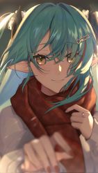 Rule 34 | 1girl, blue hair, commentary, english commentary, grey jacket, hair behind ear, highres, horns, jacket, karon (vtuber), karon (vtuber) (artist), karon official, multicolored hair, nijisanji, pointy ears, portrait, red hair, red scarf, scarf, smile, solo, streaked hair, two side up, virtual youtuber, virtuareal, yellow eyes