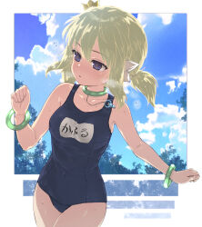 Rule 34 | 1girl, :o, armpit crease, blonde hair, blue one-piece swimsuit, blue sky, blush, bow, bracelet, breasts, chiyomarupon (y1pfq8tm92wcq5m), choker, cloud, cloudy sky, collarbone, covered navel, crown, day, green bracelet, green choker, hair bow, highres, jewelry, kafuru (senran kagura), low twintails, mini crown, old school swimsuit, one-piece swimsuit, open mouth, outdoors, plant, purple eyes, school swimsuit, senran kagura, senran kagura estival versus, shiny skin, sky, small breasts, solo, standing, swimsuit, translation request, tree, twintails, wet, wet clothes, wet swimsuit, whistle, whistle around neck, white bow