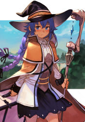 Rule 34 | 1girl, black hat, blue eyes, blue hair, blush, braid, breasts, brown cape, cape, crossed bangs, hair between eyes, hat, holding, holding staff, hungry clicker, long braid, long hair, long sleeves, looking at viewer, mushoku tensei, roxy migurdia, skirt, solo, staff, twin braids, witch hat