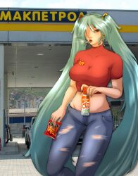 1girl aqua_hair aqua_nails blue_pants bottle cedevita cigarette commentary cowboy_shot denim drink earrings english_commentary food gas_station hair_ornament hair_over_one_eye hatsune_miku highres holding holding_bottle holding_drink holding_food hoop_earrings jeans jewelry long_hair looking_at_viewer makpetrol midriff north_macedonia north_macedonian_flag pants patos photo_background red_shirt reilan_(valentina) shirt smoke solo t-shirt tight_clothes tight_shirt torn_clothes torn_jeans torn_pants twintails very_long_hair vocaloid worldwide_miku