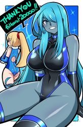 Rule 34 | blonde hair, blue eyes, blue hair, blue skin, breasts, colored skin, competition swimsuit, dark samus, earrings, english text, gloves, highres, iriomote umineko, jewelry, large breasts, leotard, long hair, looking at viewer, looking away, metroid, nintendo, one-piece swimsuit, ponytail, samus aran, skin tight, smile, sparkle, speech bubble, straight hair, swimsuit, teeth, thank you, thick thighs, thighhighs, thighs