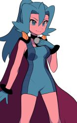 Rule 34 | 1girl, black cape, black choker, blue bodysuit, blue eyes, blue gloves, blue hair, bodysuit, breasts, cape, choker, clair (pokemon), closed mouth, commentary, creatures (company), eyelashes, game freak, gem, gloves, hair between eyes, hand up, highres, long hair, medium breasts, nintendo, pearl (gemstone), pokemon, pokemon hgss, ponytail, smile, solo, tyako 089, white background