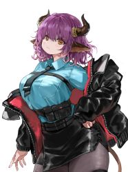 Rule 34 | 1girl, :&lt;, animal ears, arknights, black jacket, black pantyhose, black skirt, blue shirt, blush, breast pocket, breasts, brown eyes, closed mouth, collared shirt, contrapposto, cow ears, cow girl, cow horns, cow tail, cowboy shot, eyebrows hidden by hair, hand on own hip, high-waist skirt, highres, horns, jacket, kkaebing, large breasts, long sleeves, looking at viewer, open clothes, open jacket, pantyhose, pocket, pouch, pout, purple hair, shirt, short hair, sideroca (arknights), simple background, skirt, solo, tail, underbust, unzipped, white background