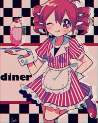 Rule 34 | 1990s (style), 1girl, ahoge, alternate costume, apron, arm behind back, artist name, black shirt, cherry, chromatic aberration, closed mouth, dress, drill hair, food, frilled apron, frilled dress, frills, fruit, hair between eyes, holding, holding tray, kasane teto, looking at viewer, milkshake, one eye closed, puffy short sleeves, puffy sleeves, red dress, red eyes, red footwear, red hair, retro artstyle, shirt, short hair, short sleeves, smile, solo, standing, standing on one leg, striped clothes, striped dress, tongue, tongue out, tray, utau, vertical-striped clothes, vertical-striped dress, waist apron, white apron, white trim, wrist cuffs, yuusuke-kun