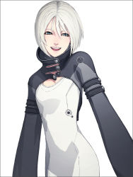 Rule 34 | 1girl, blue eyes, happy, iwai ryou, open mouth, original, short hair, simple background, smile, solo, white hair