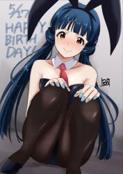 Rule 34 | 1girl, animal ear hairband, animal ears, armpits, bare shoulders, black footwear, black leotard, black pantyhose, blue hair, blunt bangs, blunt ends, blush, breasts, closed mouth, collarbone, dated, detached collar, dot nose, embarrassed, fake animal ears, full-face blush, grey background, hairband, hands on own knees, happy birthday, highres, idolmaster, idolmaster million live!, idolmaster million live! theater days, kitakami reika, knees up, leotard, long hair, looking at viewer, medium breasts, nail polish, necktie, pantyhose, playboy bunny, ponpon, rabbit ears, red necktie, shy, signature, simple background, sitting, smile, solo, twintails, v-shaped eyebrows, very long hair, yellow eyes
