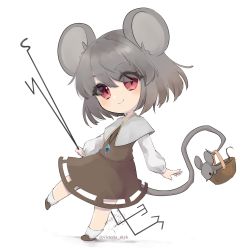 Rule 34 | 1girl, animal ears, basket, blush, brown skirt, brown vest, capelet, chibi, closed mouth, commentary request, crystal, dated, dowsing rod, eyes visible through hair, full body, grey capelet, grey hair, hair between eyes, highres, holding, jewelry, long sleeves, looking at viewer, mouse (animal), mouse ears, mouse girl, mouse tail, nazrin, pendant, red eyes, shirt, shoes, short hair, signature, simple background, skirt, skirt set, smile, socks, solo, tail, touhou, twitter username, vest, victoria skyk, white background, white shirt, white socks