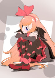 Rule 34 | 1girl, absurdres, animal print, bat print, blonde hair, blue eyes, bow, commentary request, cropped jacket, dokidoki! precure, dress, grey dress, hair bow, highres, itaoka1, long hair, pantyhose, precure, print pantyhose, red footwear, regina (dokidoki! precure), sitting, solo, very long hair